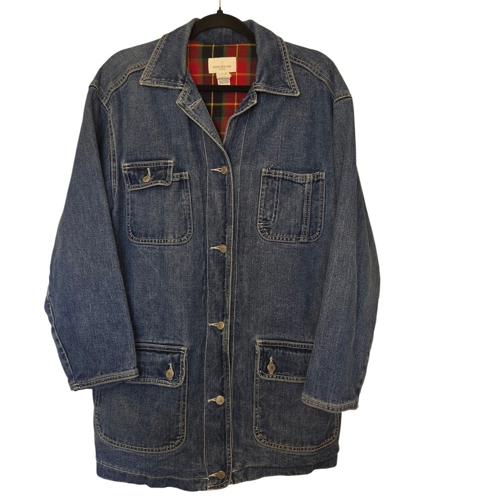 Jones New York Sport Denim Chore Coat Plaid Flannel Lined Field Jacket Small Vtg